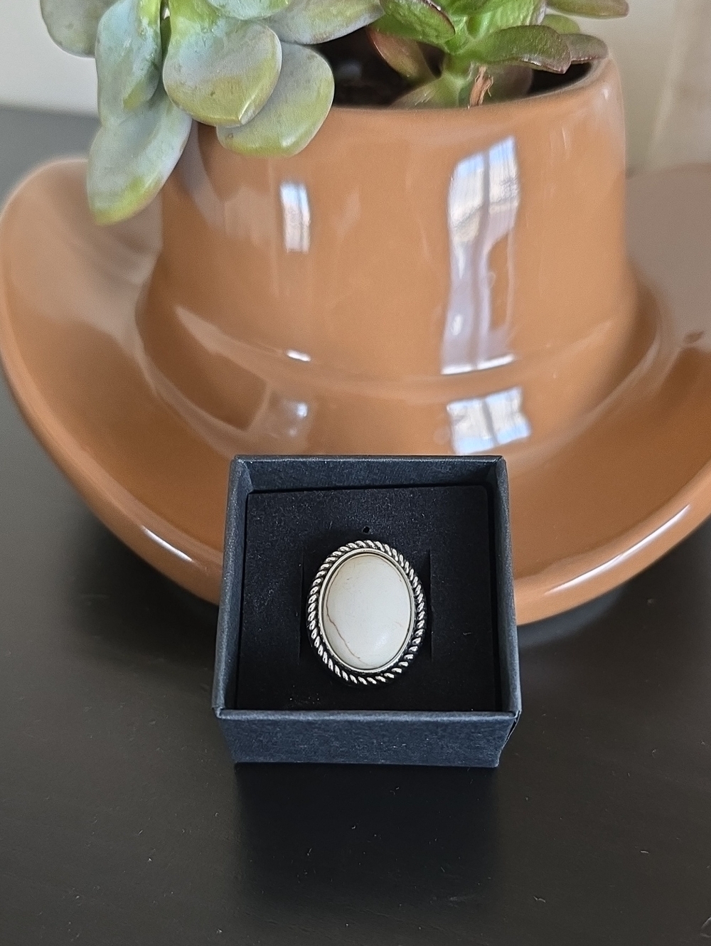 Western Bohemian Style Ring with Inlaid White Turquoise